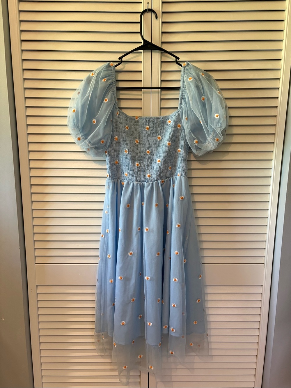 Light Blue Daisy Embroidered Puff Sleeve Midi Dress Tulle Mesh Skirt Women's